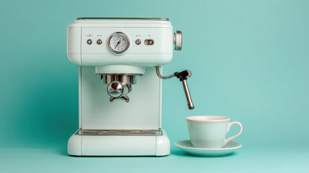 Capture the essence of modern coffee culture with this vintage-style espresso machine in pastel blue, accompanied by a delicate coffee cup on a teal background.の素材