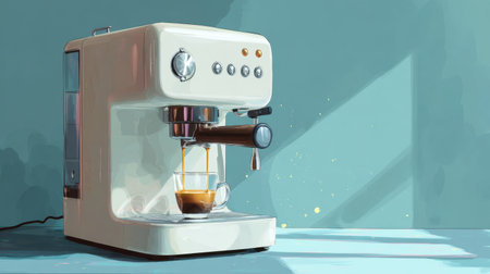 A sleek espresso machine in a stylish kitchen brews a fresh cup of coffee, showcasing modern design and natural light that creates a warm ambiance.の素材