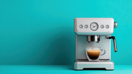 This image showcases a modern coffee machine with a shot of freshly brewed espresso in a glass cup against a bright turquoise backdrop, evoking energy and style.の素材