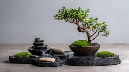 This elegant bonsai tree arrangement features a beautiful blend of stones, water, and moss, creating a peaceful indoor decor piece ideal for relaxation and meditation.の素材