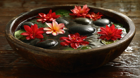 Experience tranquility with this serene arrangement of red flowers and smooth black stones floating in a rustic wooden bowl filled with water.の素材