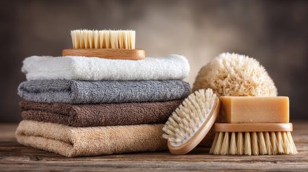 Arrange towels, brushes, and a natural sponge in soft, neutral tones to create a serene spa atmosphere. Emphasize relaxation and self-care.の素材