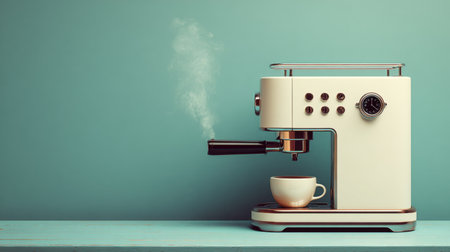 A stylish espresso machine producing steam beside a white coffee cup on a serene blue background, perfect for coffee lovers and modern kitchens.の素材