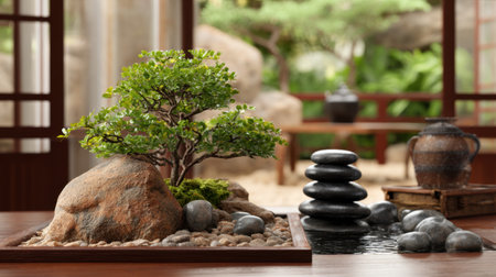 A serene zen garden featuring a lush bonsai tree, smooth stones, and a tranquil water feature creates a perfect space for relaxation and meditation.の素材