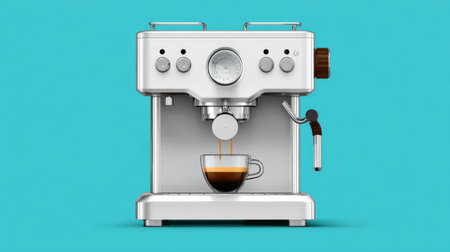 A sleek and modern coffee machine is depicted brewing fresh espresso into a glass cup on a striking blue background, showcasing sophisticated kitchen design.の素材