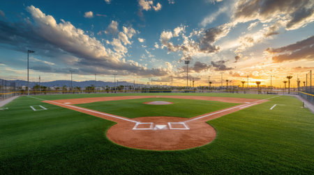 A stunning baseball field captured at sunset, featuring vibrant grass, dramatic clouds, and a peaceful atmosphere perfect for outdoor activities.の素材