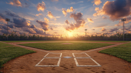 Captivating sunset view over a baseball field, showcasing a dramatic sky filled with colorful clouds and illuminated floodlights, perfect for sports-themed visuals.の素材