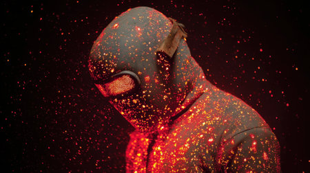 A captivating scene featuring a mysterious figure in a protective suit, enveloped in vibrant sparks and glowing particles against a dark backdrop.の素材
