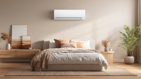 A cozy modern bedroom featuring an air conditioning unit, warm tones, and elegant decor elements ideal for a comfortable living space.の素材
