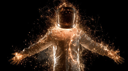 A stunning depiction of an astronaut enveloped in vibrant sparks and energy, symbolizing exploration and creativity in the vastness of space.の素材