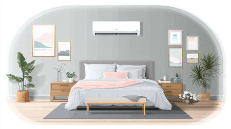 A cozy and modern bedroom featuring elegant decor, an air conditioning unit, stylish furniture, and serene plants, creating a perfect relaxation space.の素材