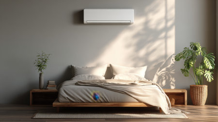 A cozy modern bedroom featuring minimalist decor with soft natural light filtering through the window. The wooden bed is adorned with plush bedding and surrounded by indoor plants, creating a tranquil space.の素材