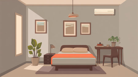 This cozy modern bedroom interior features an inviting bed with orange accents, minimalistic furniture, a potted plant, and artwork that enhances the tranquil atmosphere.の素材