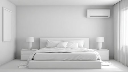 A spacious minimalist bedroom featuring a white color palette, cozy bedding, modern lamps, and a serene atmosphere perfect for relaxation and comfort.の素材