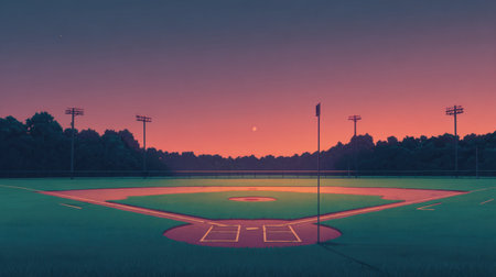 A picturesque baseball field captured at dusk, featuring vibrant colors in the sky and illuminated lights, creating a serene and peaceful scene perfect for outdoor enthusiasts.の素材