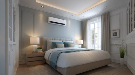 This modern bedroom showcases an elegant design with a cozy bed, soft lighting, and tasteful decor, creating a serene and inviting atmosphere for relaxation.の素材