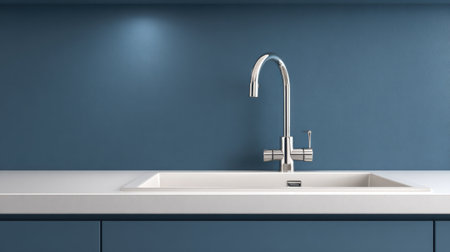 A stylish kitchen sink with a sleek faucet placed on a minimalist countertop against a calming blue wall, perfect for modern home designs.の素材