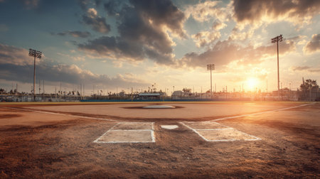 A stunning view of a baseball field during sunset, capturing the beauty of the sky with dramatic clouds and warm light over the diamond.の素材