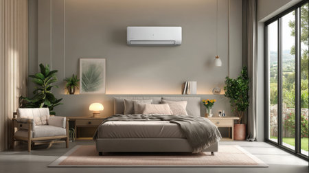 A beautifully designed modern bedroom featuring a sleek air conditioning unit, cozy decor, and abundant natural light streaming through large windows.の素材