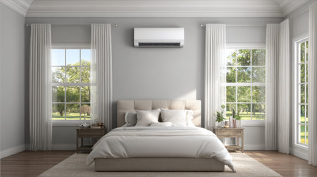 This serene modern bedroom features a cozy bed with soft bedding, elegant curtains, and abundant natural light. The clean design creates a tranquil atmosphere perfect for relaxation.の素材