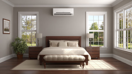 This image showcases a modern bedroom featuring a cozy bed, wooden furniture, and ample natural light. The room exudes a tranquil and inviting atmosphere.の素材