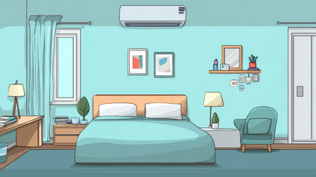 This illustration depicts a cozy bedroom showcasing a modern interior design. Soft colors create a tranquil atmosphere, enhanced by stylish decor elements.の素材