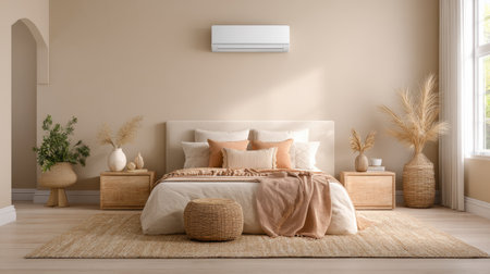 This beautifully designed bedroom features a calming color palette and natural decor elements. The inviting space includes soft bedding, stylish furniture, and lovely plants that create a tranquil atmosphere perfect for relaxation.の素材