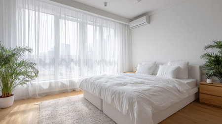 This bright and airy bedroom features modern design elements with plush white bedding, large windows, and vibrant plants, offering a serene and cozy atmosphere.の素材