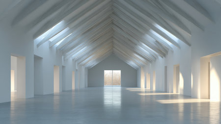 A spacious interior featuring a high ceiling and large windows that allow natural light to flood in, creating a serene and minimalistic environment.の素材