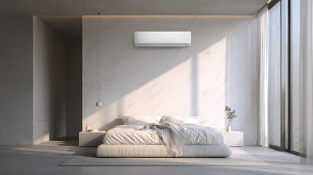 This image showcases a minimalist bedroom exuding tranquility with ample natural light, a spacious bed, and modern decor elements, perfect for relaxation.の素材