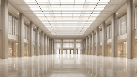 A modern hallway showcasing a glossy floor and elegant architectural columns, bathed in bright ambient light, ideal for showcasing luxury designs.の素材