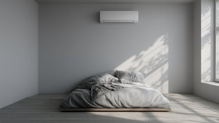 A serene minimalist bedroom showcasing a cozy bed with soft bedding, bright natural light filtering through a window, and a calming atmosphere.の素材