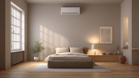 A stylish and comfortable bedroom interior showcasing minimalist design, natural light, and a serene atmosphere, perfect for relaxation and peace.の素材