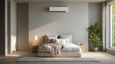 This serene modern bedroom showcases a minimalist design with natural light, cozy furnishings, and inviting decor. A perfect retreat for relaxation.の素材