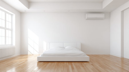 Bright and airy minimalist bedroom showcasing a clean design with natural light streaming in. Ideal for showcasing comfort and serene living.の素材