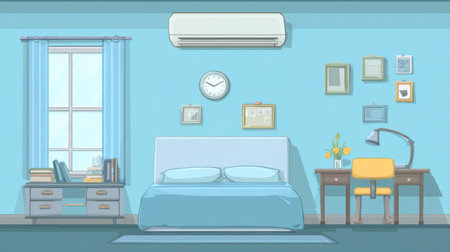 This image showcases a cozy modern bedroom featuring blue walls, minimalist decor elements, and a comfortable bed, perfect for relaxation and tranquility.の素材