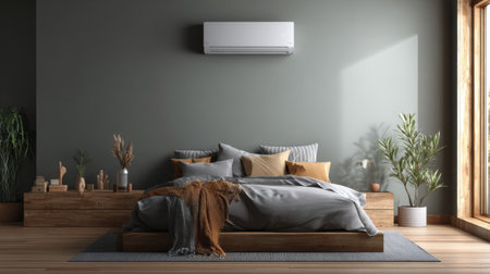 A serene modern bedroom featuring a cozy bed with soft bedding, indoor plants, and a minimalist design. The calming color palette adds tranquility and warmth.の素材