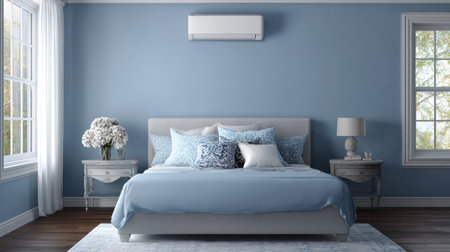 Discover a serene bedroom setting featuring soft blue walls, a stylish bed with decorative pillows, elegant nightstands, and natural light for a cozy atmosphere.の素材