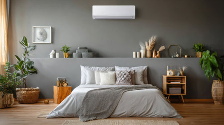 A cozy and elegant bedroom interior showcasing modern decor elements, soft bedding, decorative cushions, indoor plants, and warm lighting for an inviting atmosphere.の素材