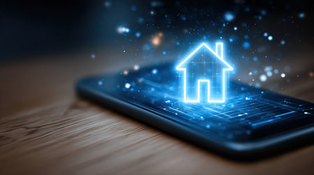 Innovative representation of a smart home on a mobile phone screen, featuring a glowing house icon amidst digital effects, symbolizing modern technology.の素材