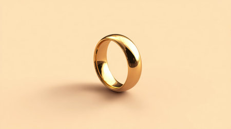 This image showcases a beautifully polished gold wedding band, elegantly placed against a soft background. The minimalist design highlights the ring's craftsmanship and reflects luxury and commitment. Perfect for projects related to marriage, fashion, or jewelry.の素材