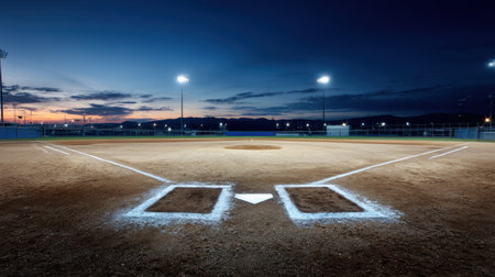 A stunning twilight view of a baseball field, showcasing illuminated bases against a dramatic sunset sky, capturing the essence of outdoor sports.の素材