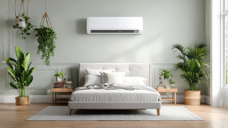 A stylish and inviting bedroom featuring a comfortable bed, lush green plants, and an air conditioner, perfectly balancing modern design and tranquility.の素材