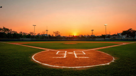A stunning view of an empty baseball field at sunset, highlighting vibrant orange dirt and lush green grass, perfect for sports enthusiasts and nature lovers.の素材