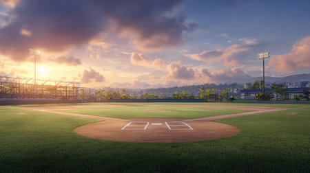 A stunning sunset illuminates a tranquil baseball field, showcasing lush green grass, a well-maintained diamond, and evening lights in the background.の素材