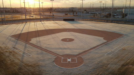 A stunning aerial view of an empty baseball field covered in frost during a beautiful winter sunrise. Long shadows stretch across the dirt diamond, creating a serene atmosphere.の素材