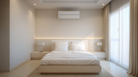 This image depicts a cozy modern bedroom with a minimalist design, featuring soft lighting, a spacious layout, and elegant decor elements that promote relaxation.の素材