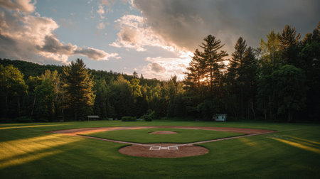 A beautiful baseball field set against a stunning sunset, surrounded by lush green trees and dramatic clouds, showcasing nature's peaceful ambiance.の素材