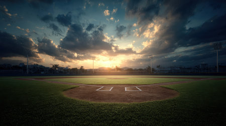 A striking baseball field under a vibrant sunset, showcasing a balanced blend of colors and textures, perfect for capturing the essence of nature and tranquility.の素材