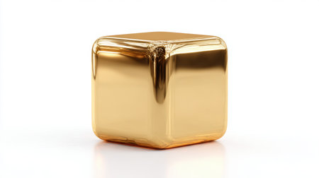 A stunning shiny gold cube sits on a clean white background, showcasing its smooth surface and reflective qualities, perfect for modern design themes.の素材